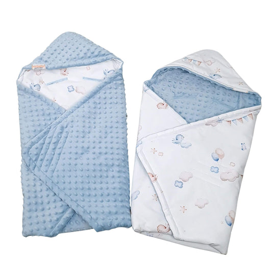 Baby swaddle Up in the Sky Blanket blue fleece side and cotton pattern visible