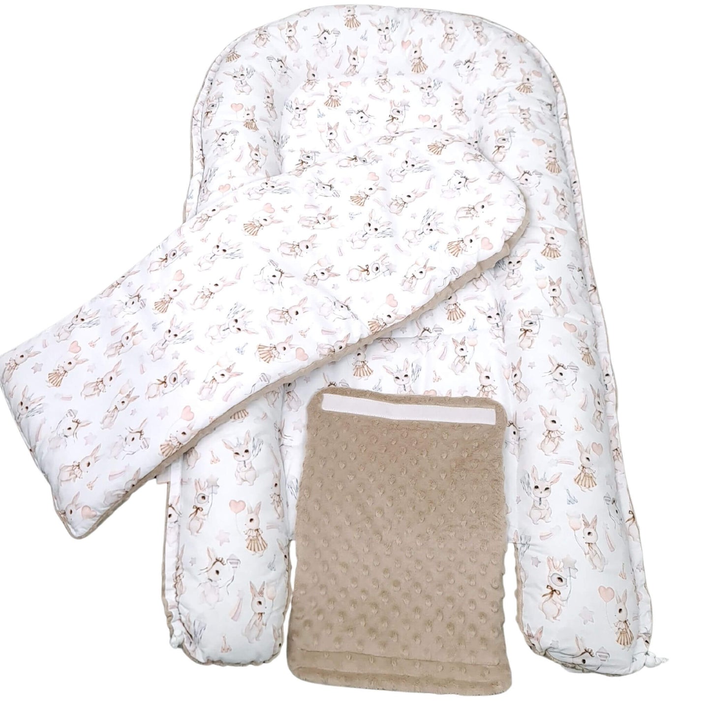 Complete Blush Bunny baby nest XXL set with liner, buckle cover band, and storage bag
