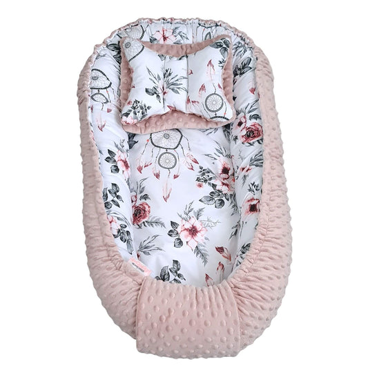 Complete pink baby nest bundle by Evcushy – soft and cosy 5-piece set with blanket, pillows, and removable liner, perfect for Irish mums.