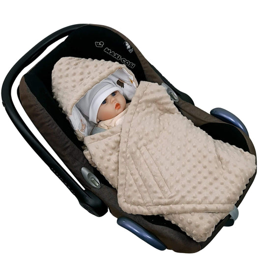 Baby in Little Farm Friends Blanket fitted in car seat with 3-point harness