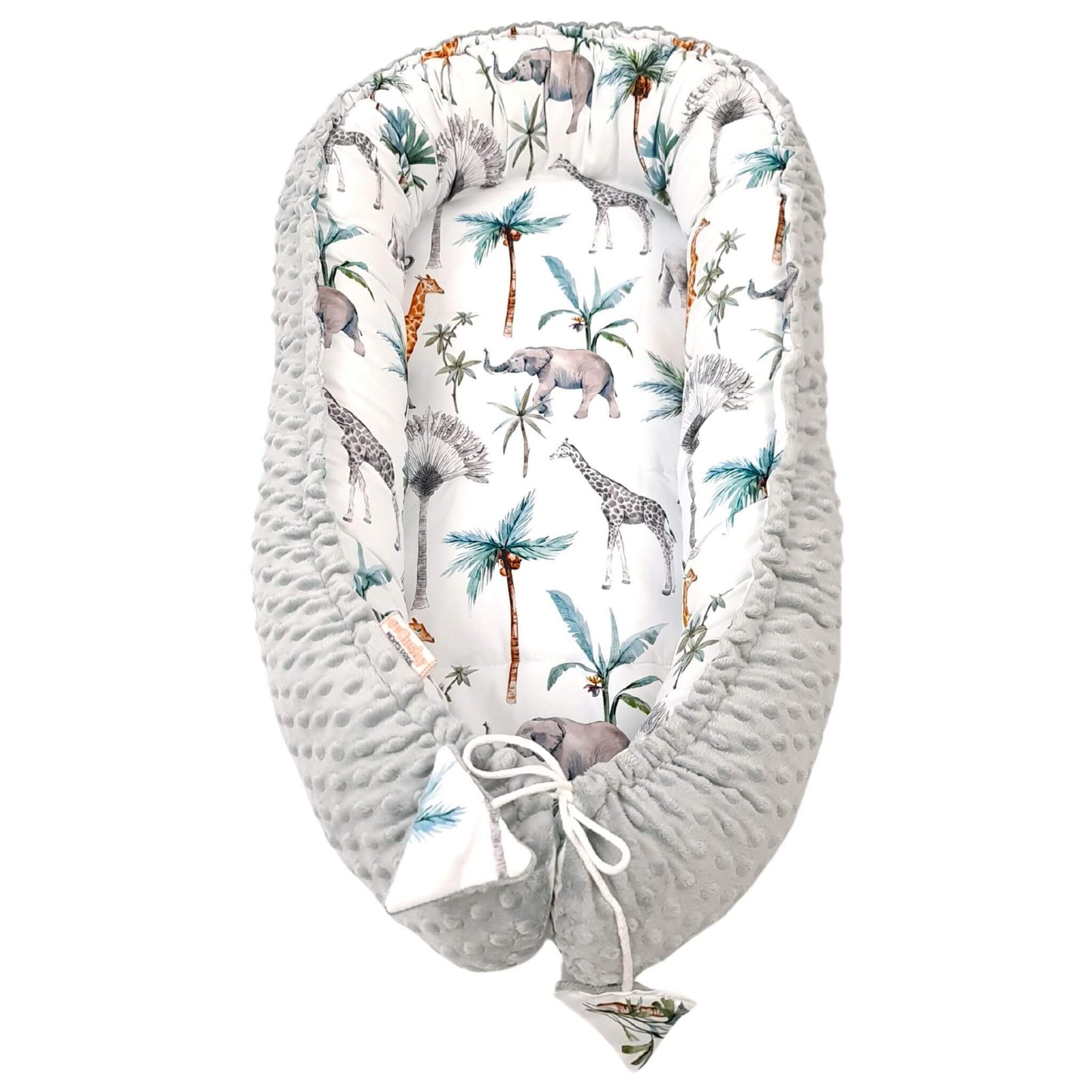 evCushy Baby Nest safari jungle animals interior in soft grey dimple plush fabric – cosy and warm showing the drawstrings closure