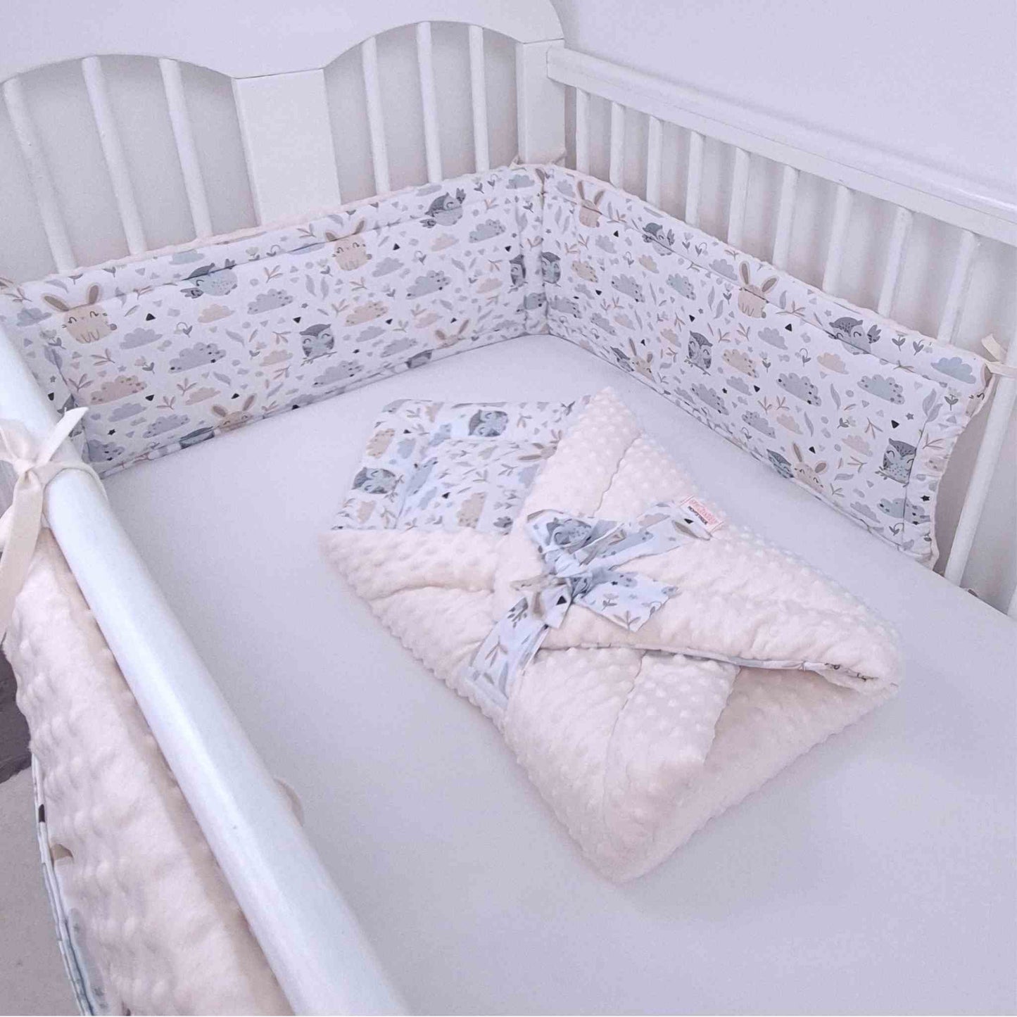 newborn baby swaddling blanket with ties 3 in 1 swaddle quilt playmat owls bunnies pattern newborn grey and beige