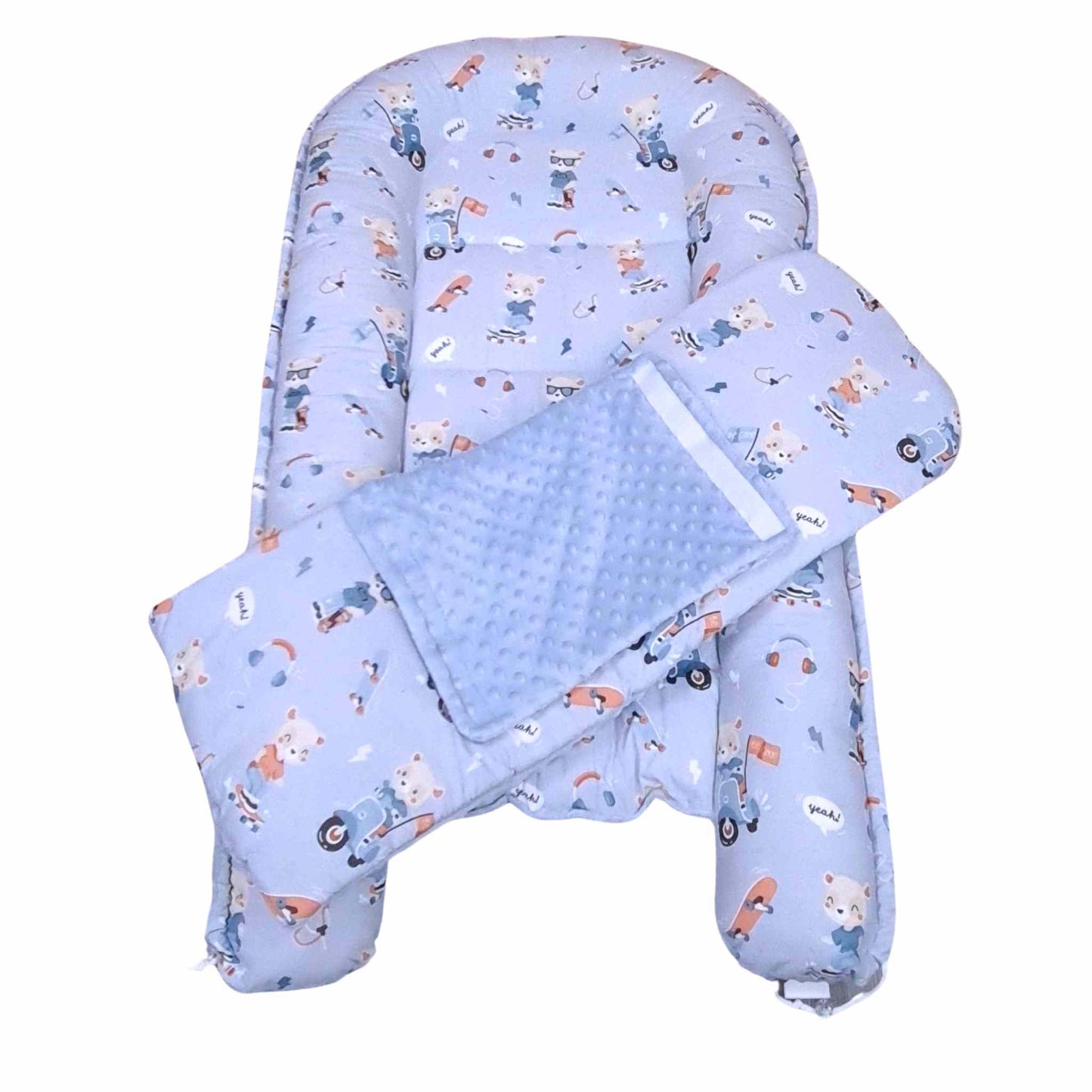 baby toddler pod nest lounger for naps rest and play cushion blue plush and cotton 6 months plus XX Large size