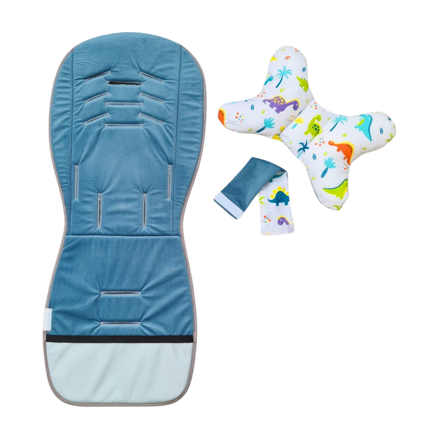 universal padded liner for stroller puschchair wit detachable head support pillow dinosaurs pattern blue