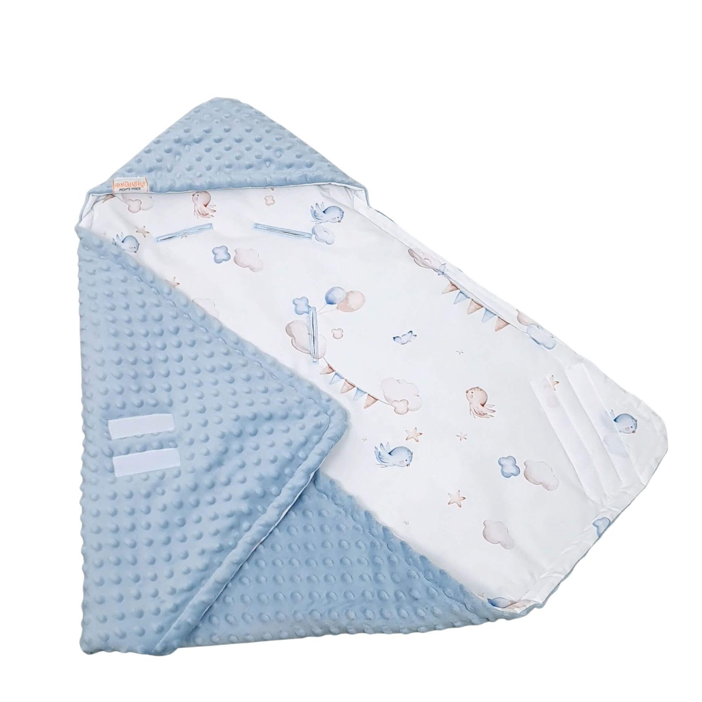 car seat blanket with velcro closing Folded view showing cotton bird pattern and blue fleece reverse