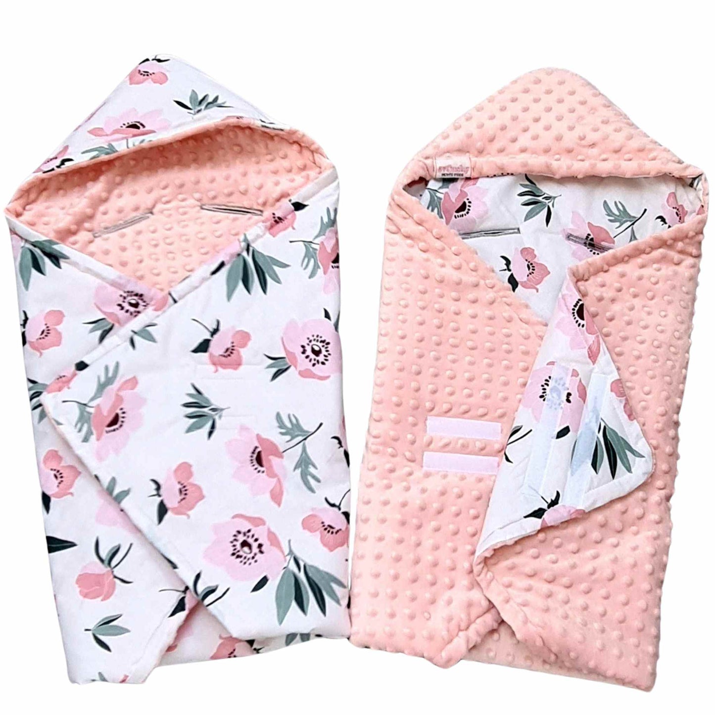 cosy infants car seat blanket peach pink plush flowers pattern poppies swaddle with hood and velcro closing evCushy