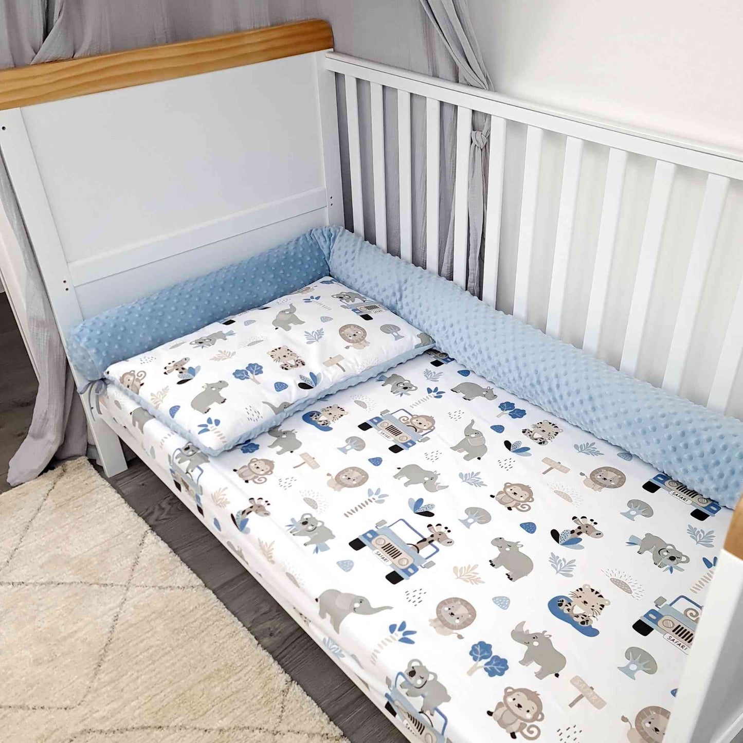 cot bed bedding fitted sheet 70x140 safari animals and cars grey white and blue cot bumper bolster