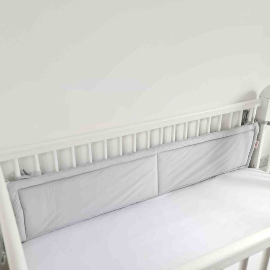 cot bed bumper 140cm and 120cm long made of grey soft velvet fits long side of baby cot bed evcushy brand