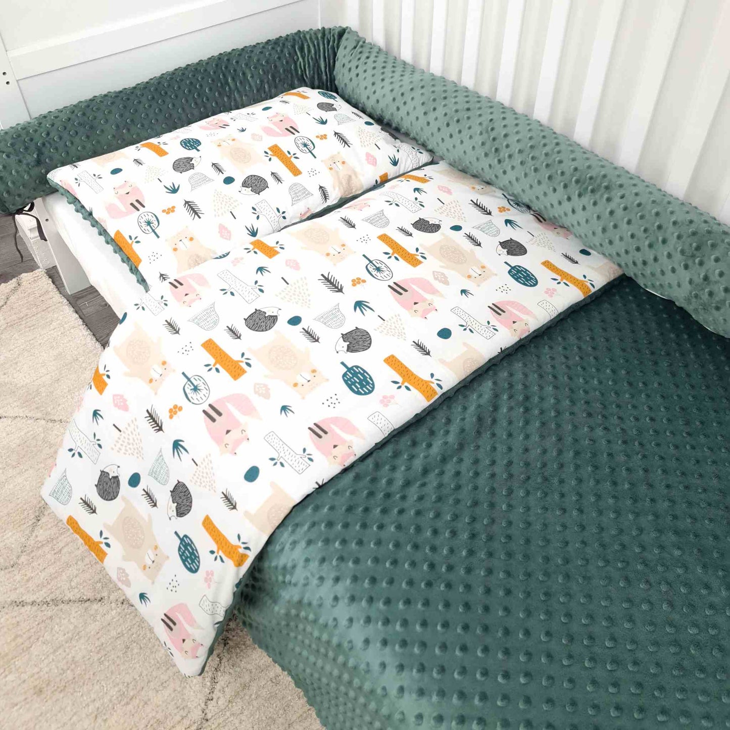set toddler size cotton plush woodland theme snuggly comforter bolter pillow bumper