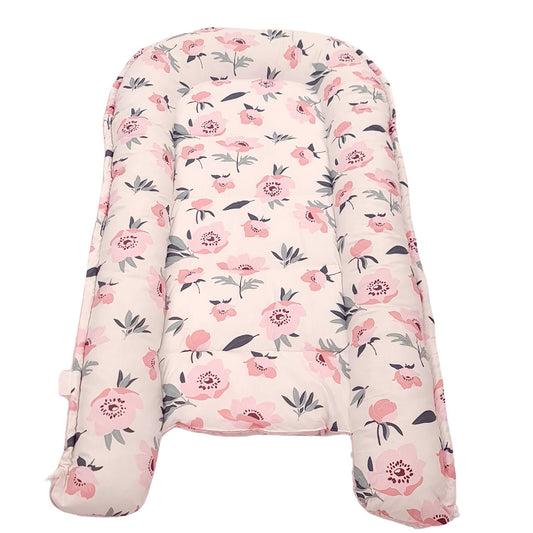 evCushy XXL baby sleep pod fully opened and flat pink poppies pattern cotton and soothing plush for big baby