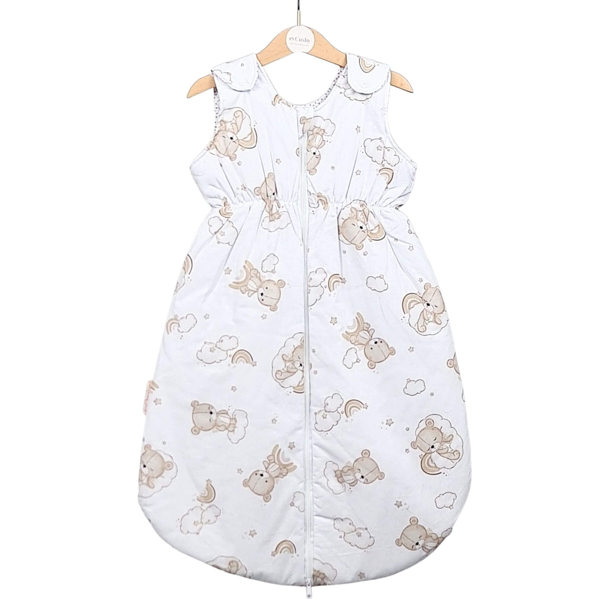 Baby sleeping bag 1.5 tog for 3-12 months made from breathable cotton with teddy bear pattern in beige and white