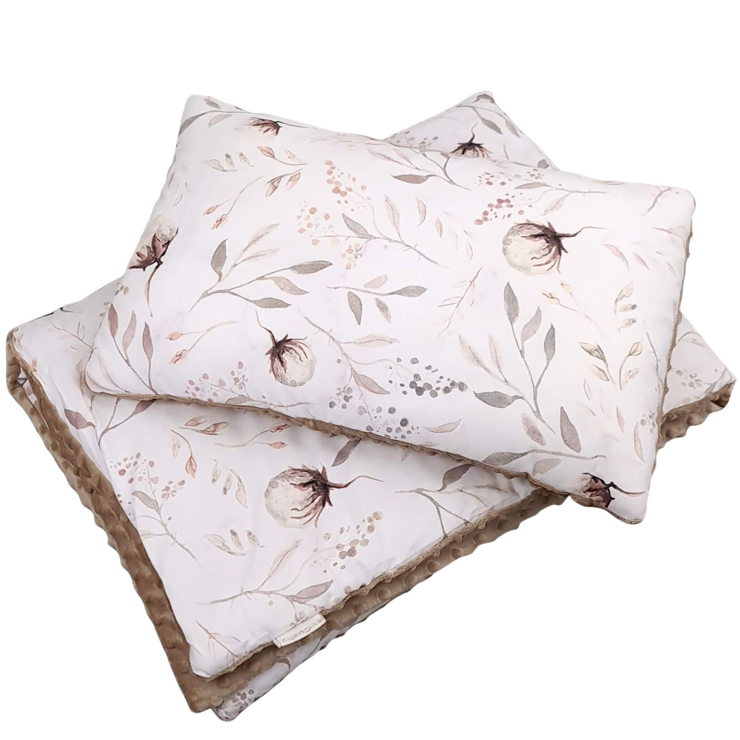 Floral-patterned pillow and blanket set on a white background in neutral colours beige and taupe minky suitable for baby up to 5 years