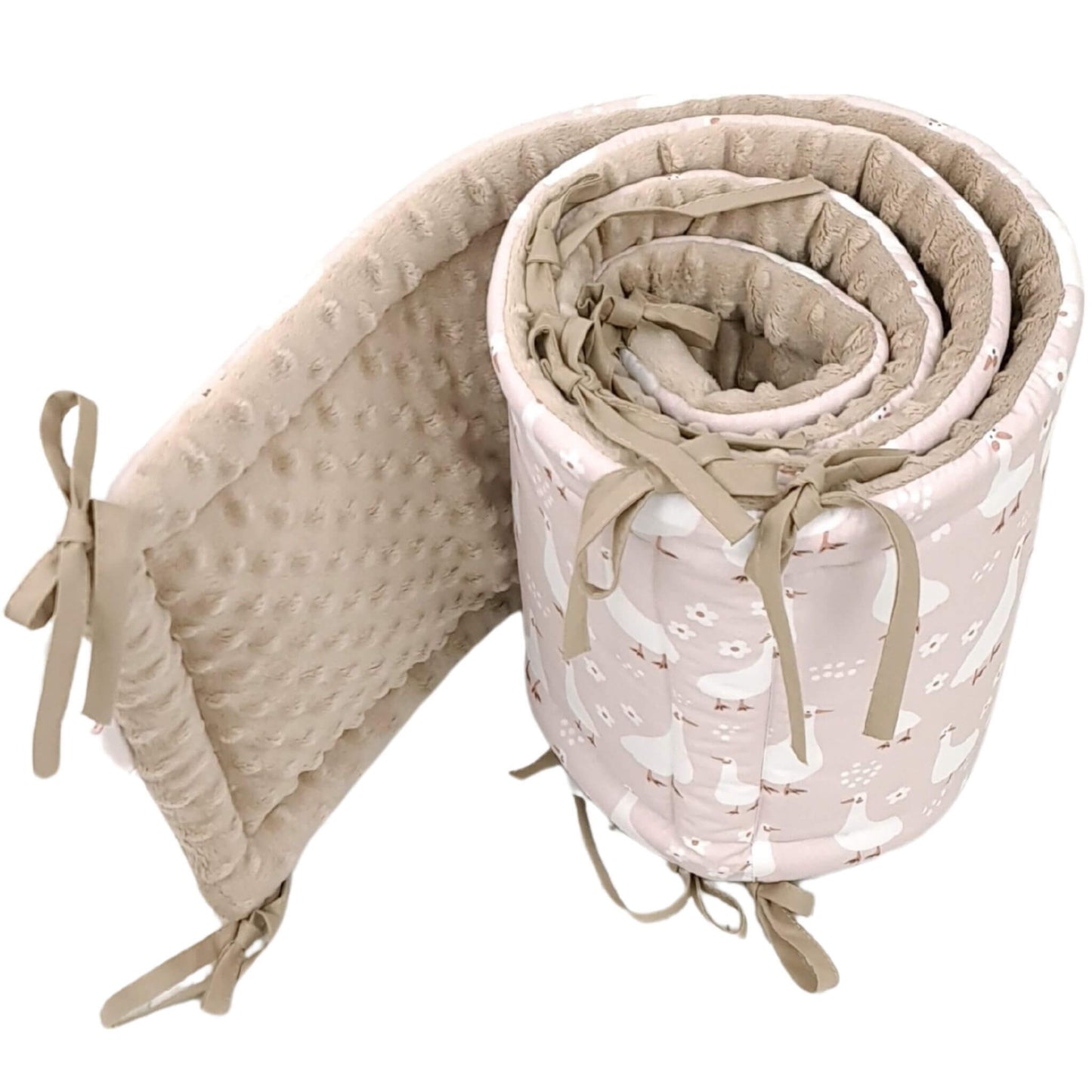 Soft taupe dimple minky reverse of Geese & White Flowers cot bumper