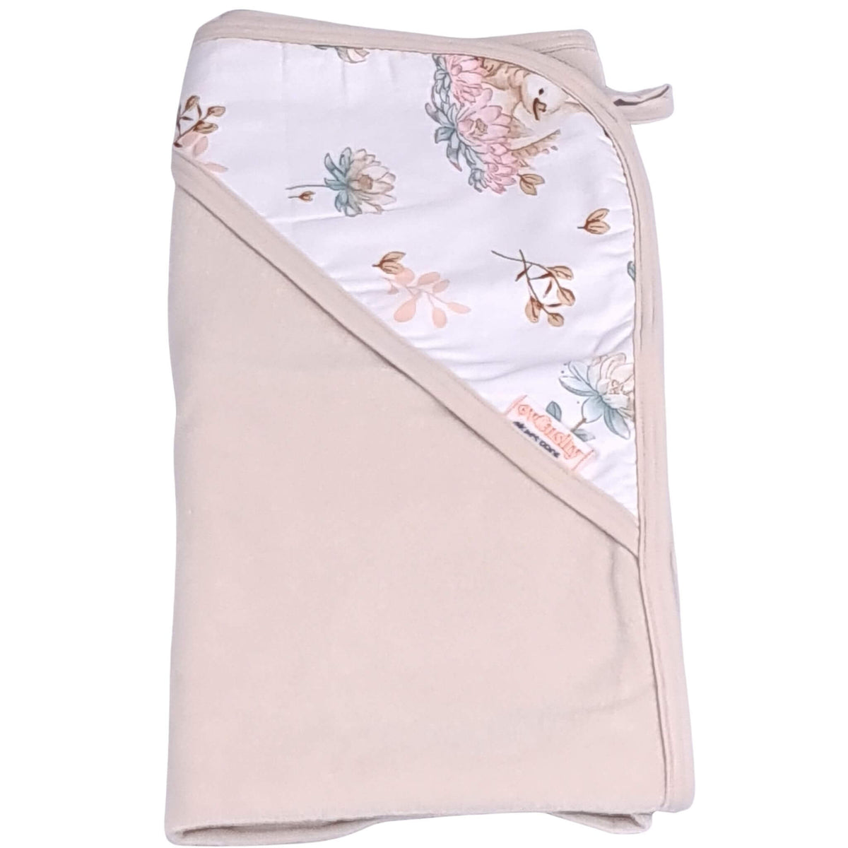 Hooded baby towel beige with swans pattern 100x100 cm