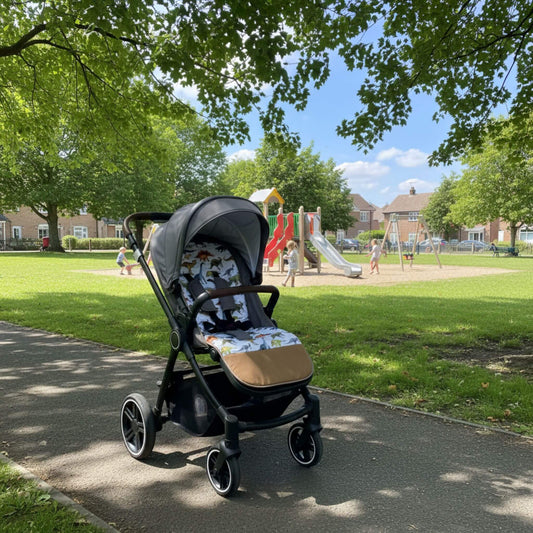Stroller fitted with dinosaurs pattern liner in a playground area with swings and play equipment