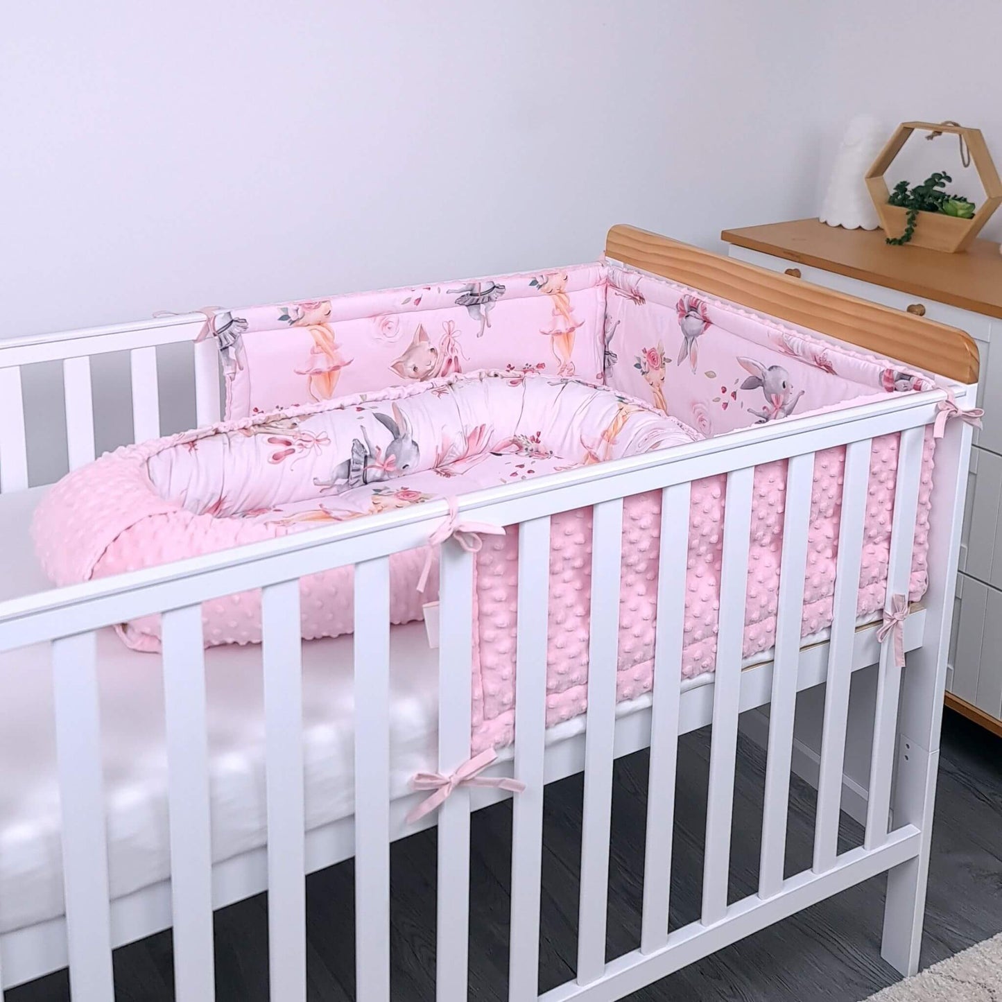 evcushy bumper protector for cot 210cm and baby nest pink ballerinas