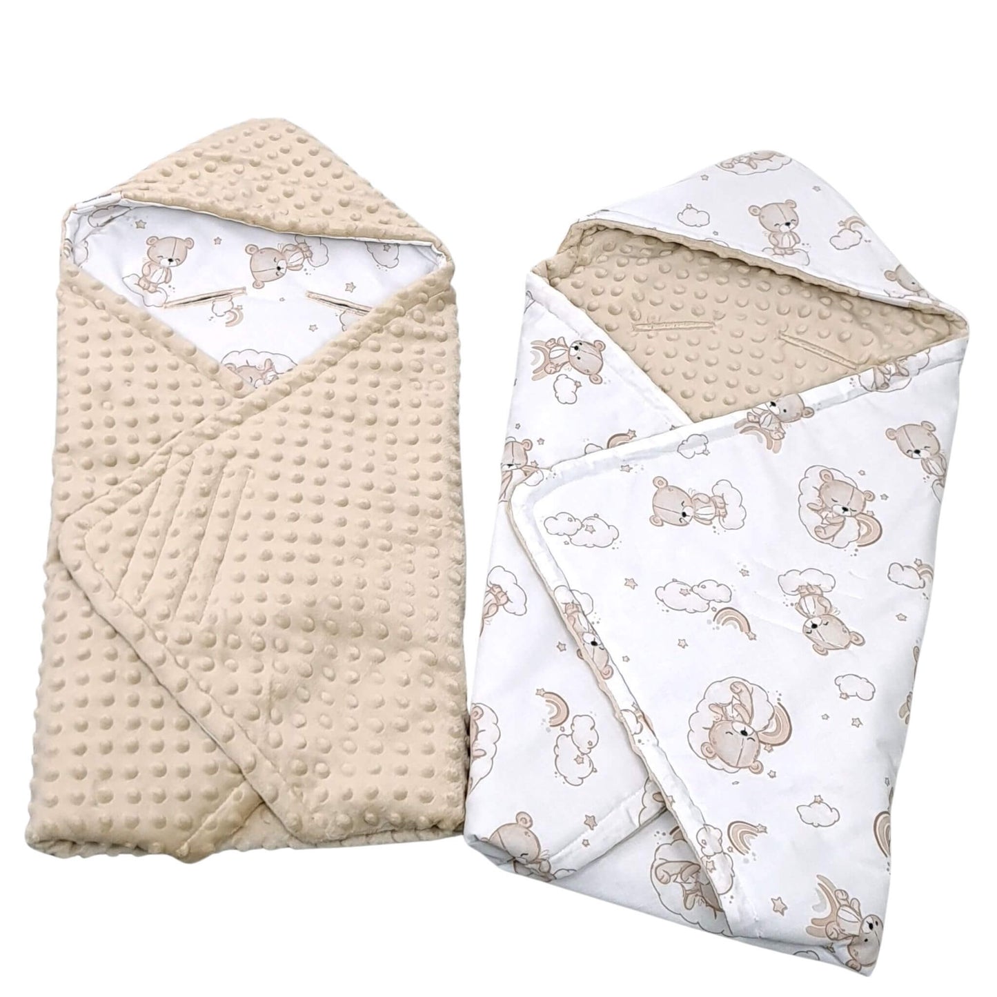 flat lay of infants blanket with hood for car seat showing top beige fabric and inside cotton with teddy bears