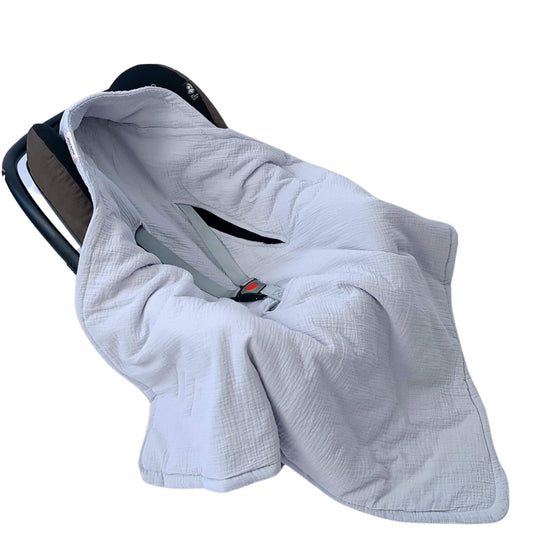 Evcushy baby grey blanket used in car seat with 5-point harness compatibility