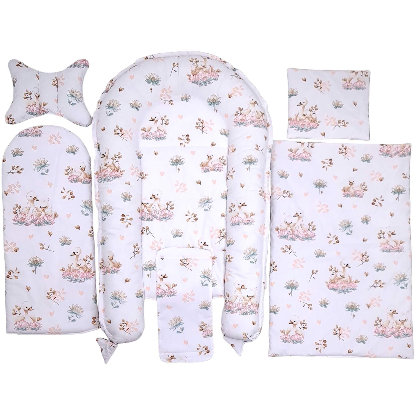 baby pod made with OEKO-TEX certified materials, baby nest with quilt and pillow in soft swan and lotus floral print for safe newborn sleep
