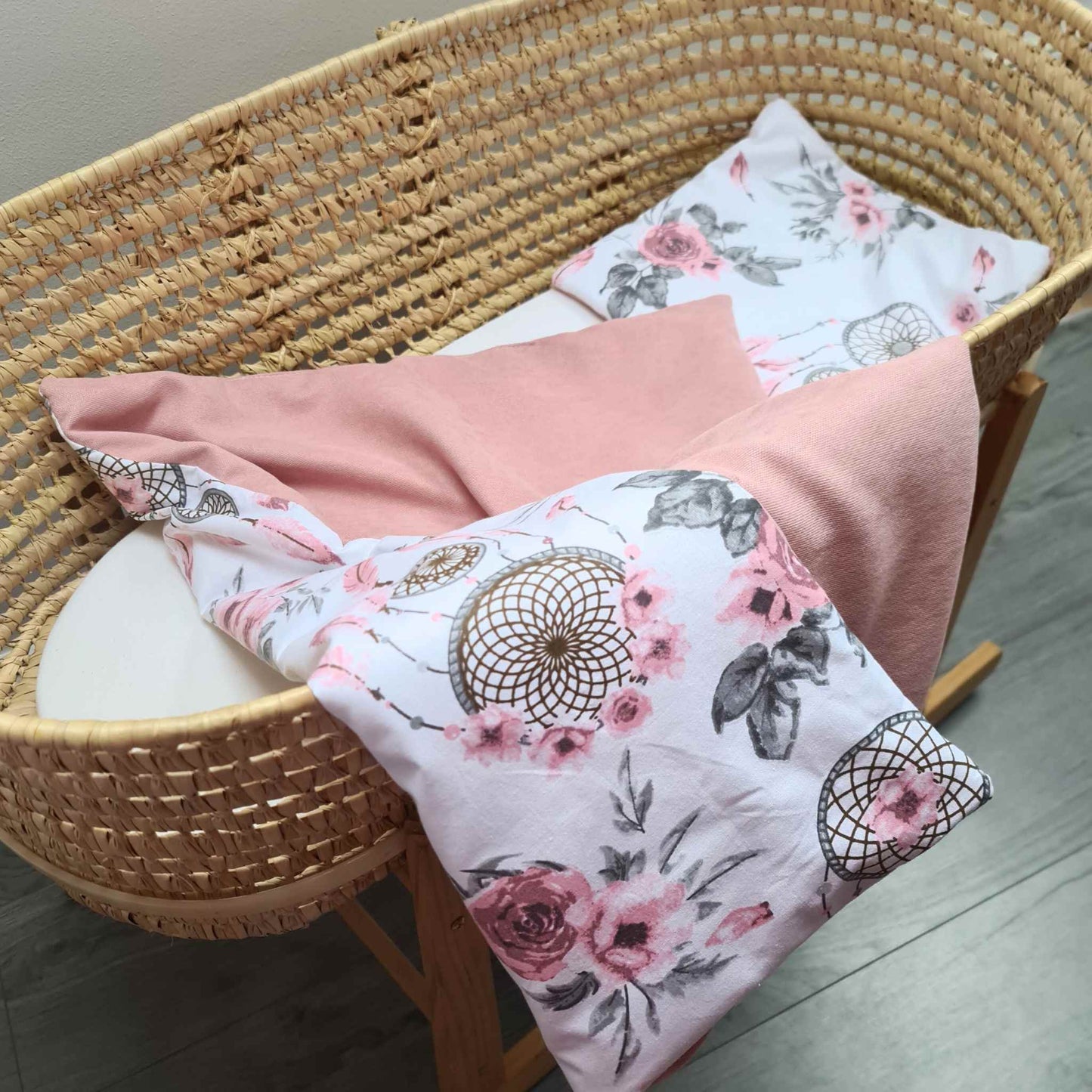 small pillow and quilt for moses basket pink and floral pattern roses dreams catchers