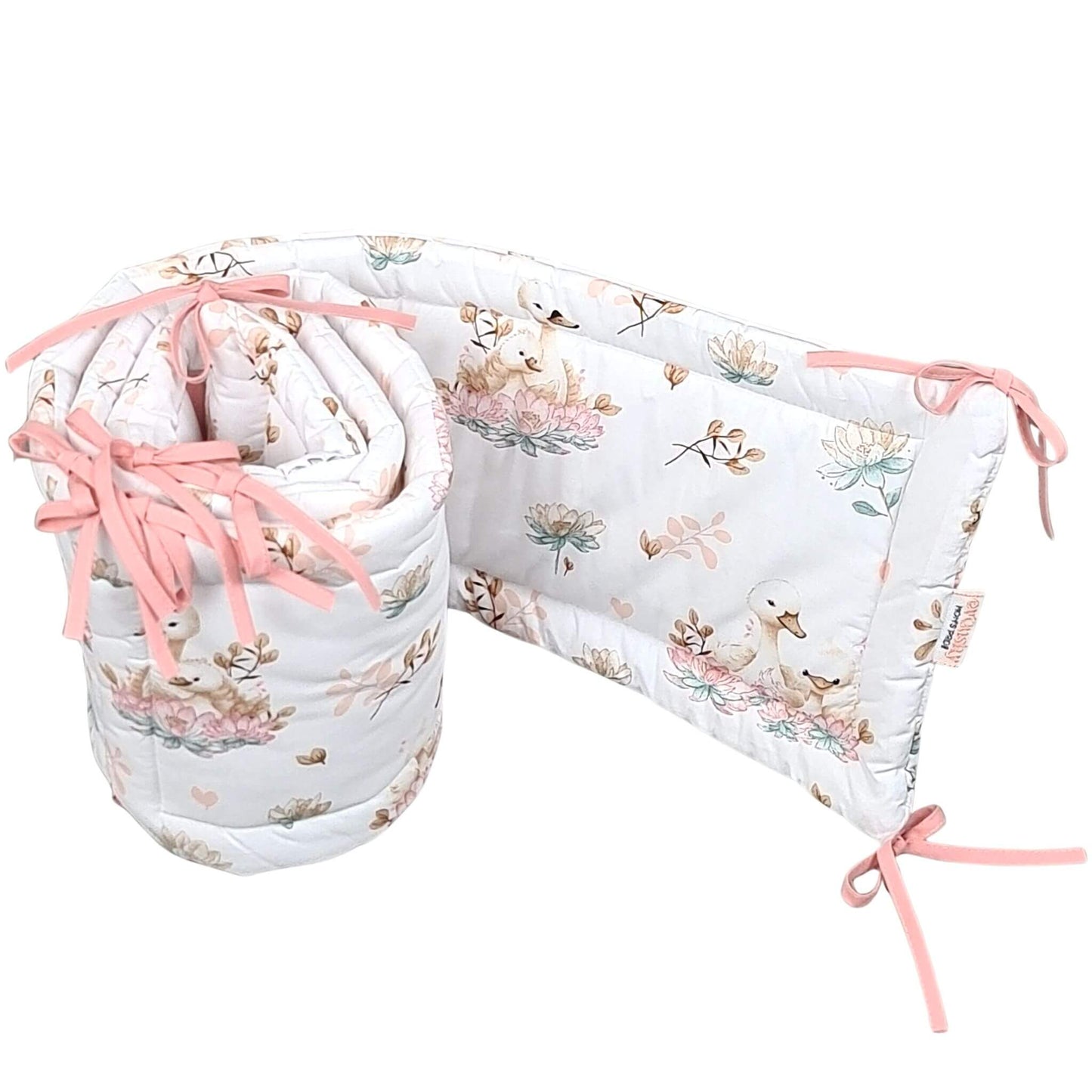 210cm baby cot bumper featuring elegant swans and delicate floral design in neutral colours