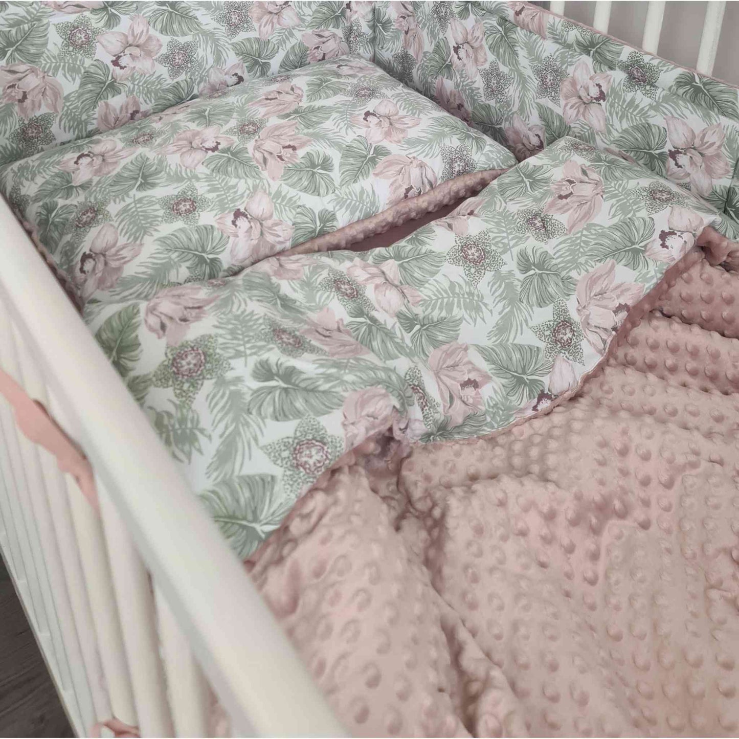 quilt and pillow cot bumper pink floral green pattern cosy pink fleece toddler bedding