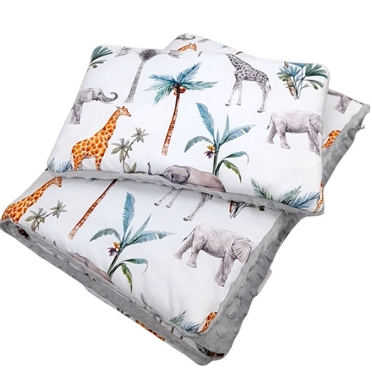 Safari baby quilt and pillow set with elephants, giraffes and palm trees on cotton with soft grey minky reverse side by Evcushy Ireland