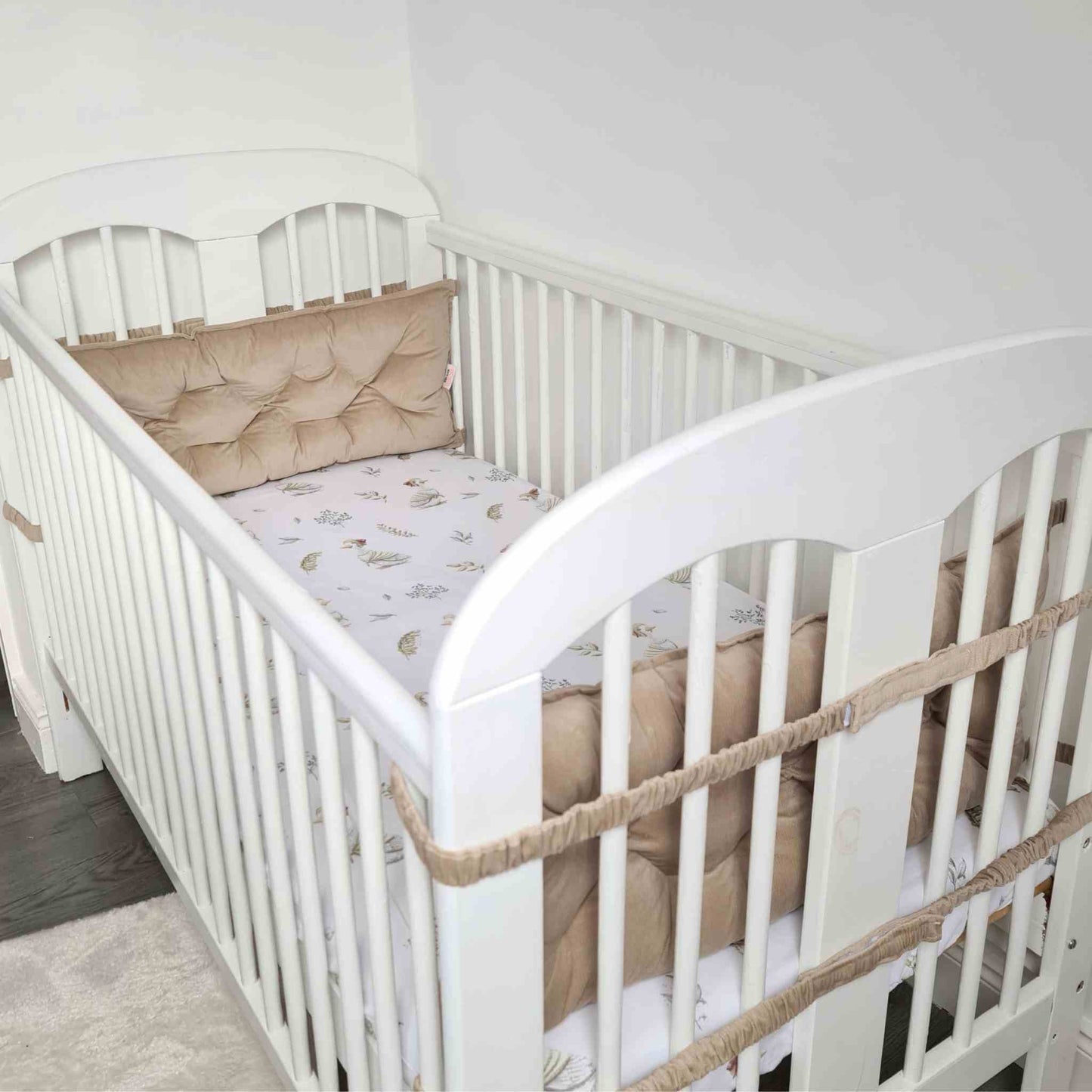 set of two bumpers for solid part of the baby cot side beige colour made from velvet well padded