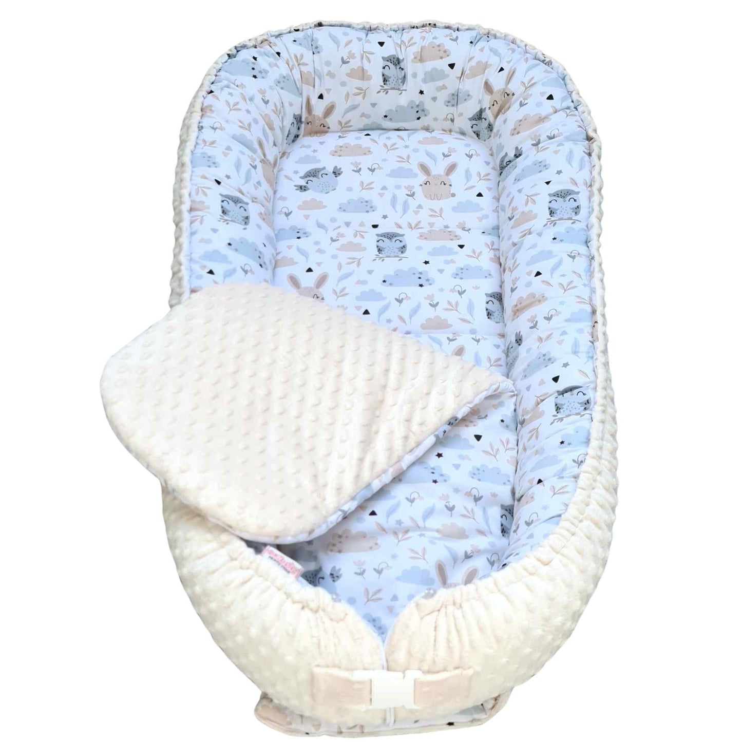 snuggle and play pod for cosy naps for children up to 36 months cream cosy minky and 100% cotton with owls and bunnies pattern play mat changing mat with liner