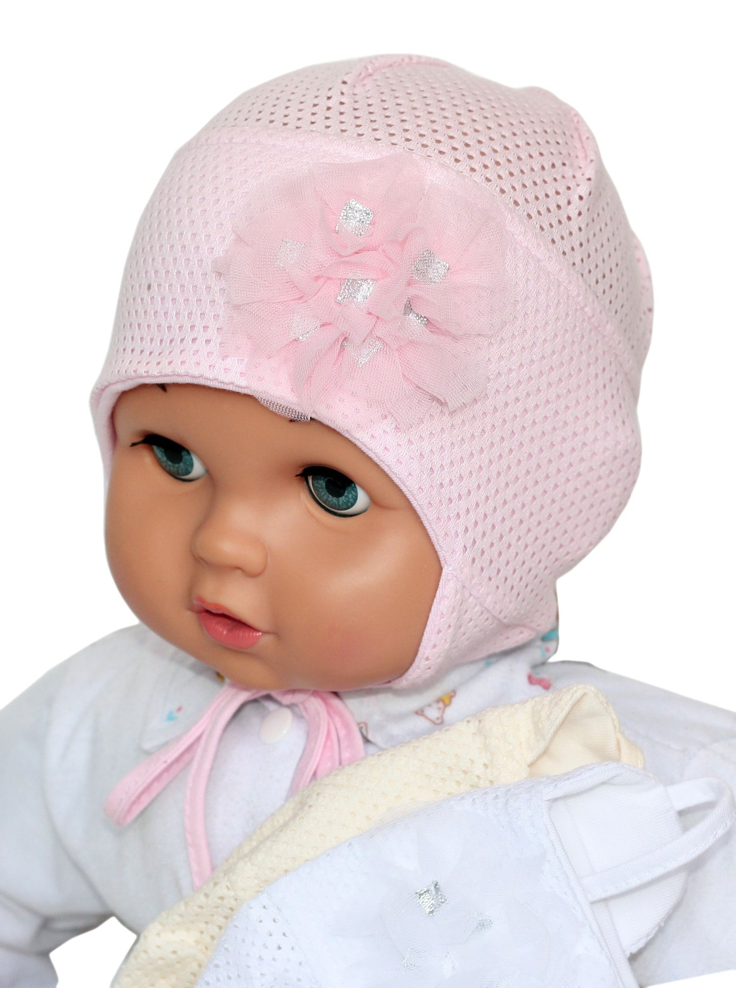 Girl mesh hat with strings-flowers white,cream,pink