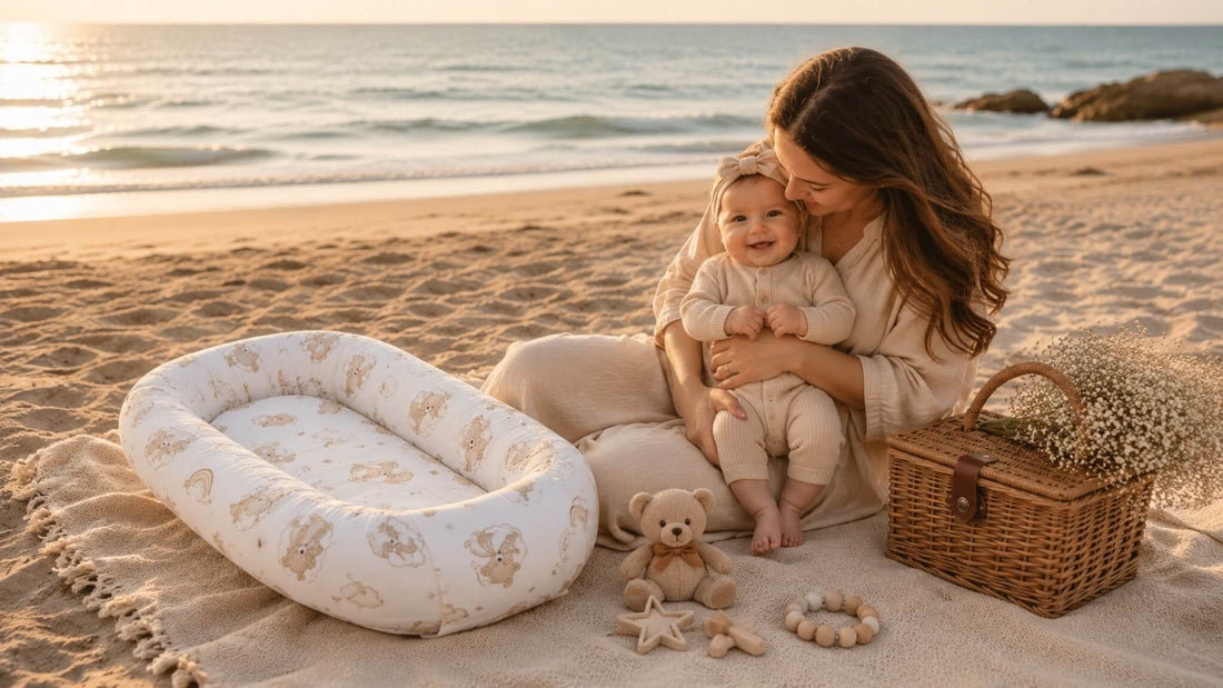 evcushy baby lounger on the beach baby and mother enjoying their picknic
