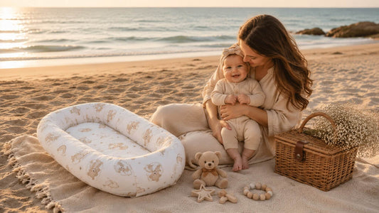 evcushy baby lounger on the beach baby and mother enjoying their picknic