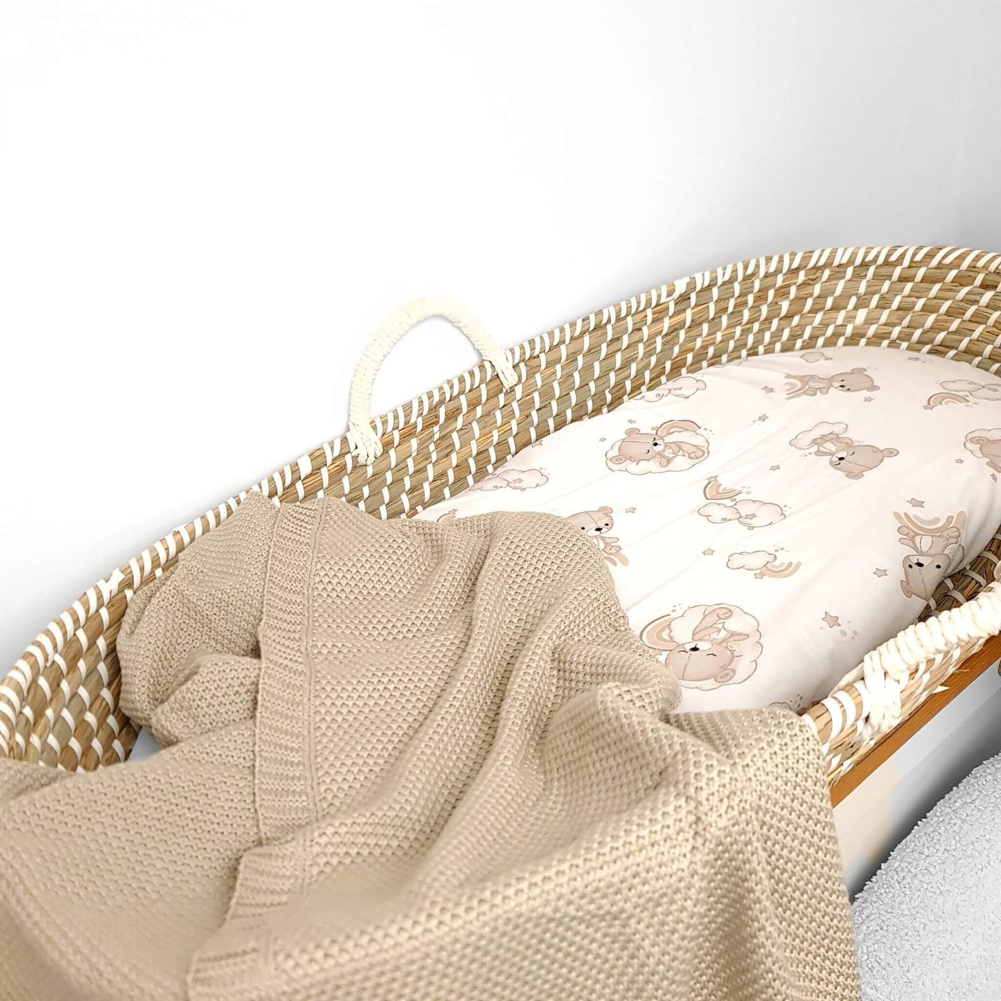 Evcushy Cotton Fitted Sheet for Carrycot & Moses Basket  Cloud Nine Bear Collection  Soft & Breathable Baby Bedding bamboo newborn blanket