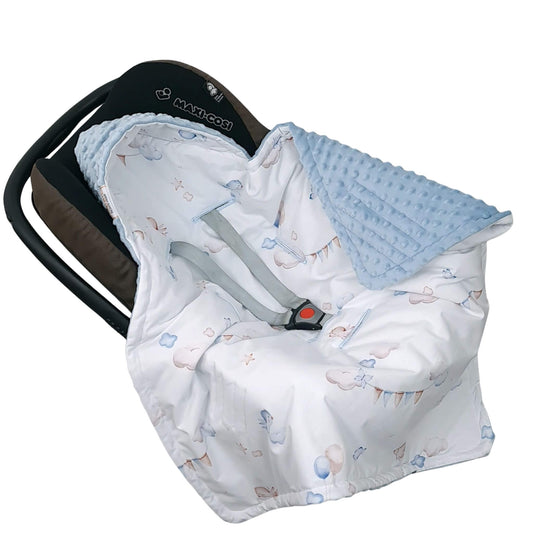 Evcushy Up in the Sky Blanket fitted in car seat with 3-point harness