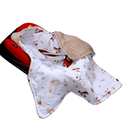 Farm Animals baby car seat blanket with taupe plush fitted in infant car seat
