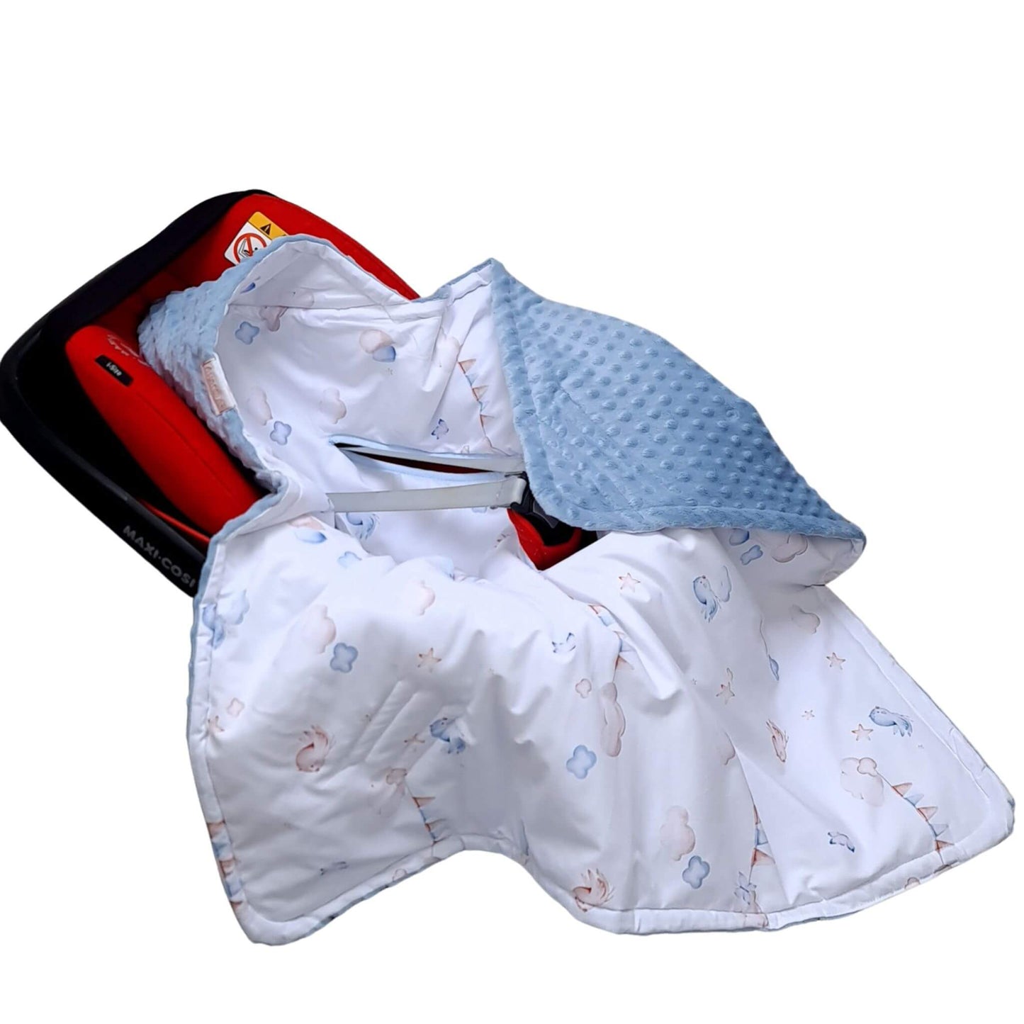 Baby car seat hooded blanket with birds clouds and balloons in blue plush on the infants car seat 