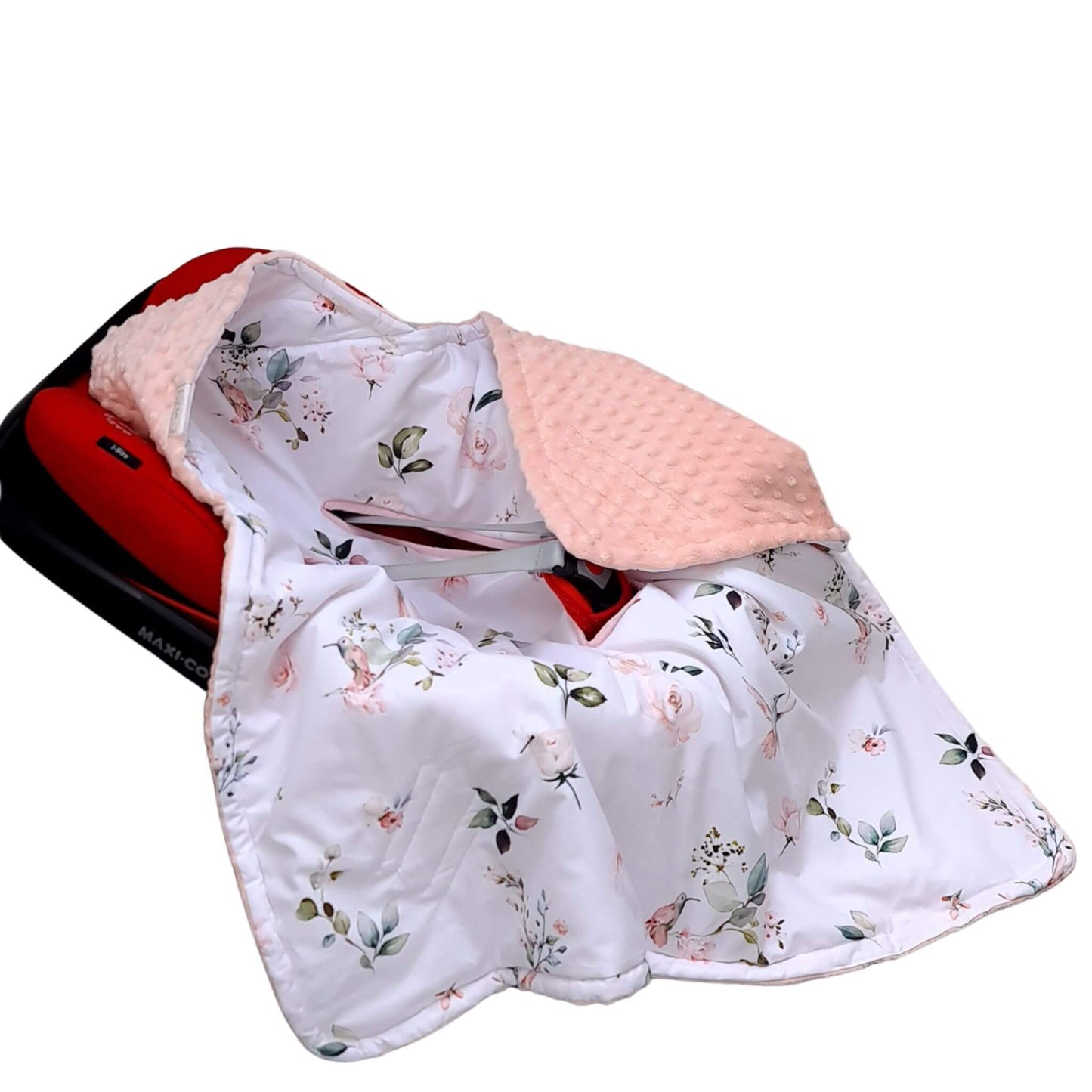 Baby car seat hooded blanket with hummingbirds flowers and peach pink plush on an infant car seat 5 points harness.