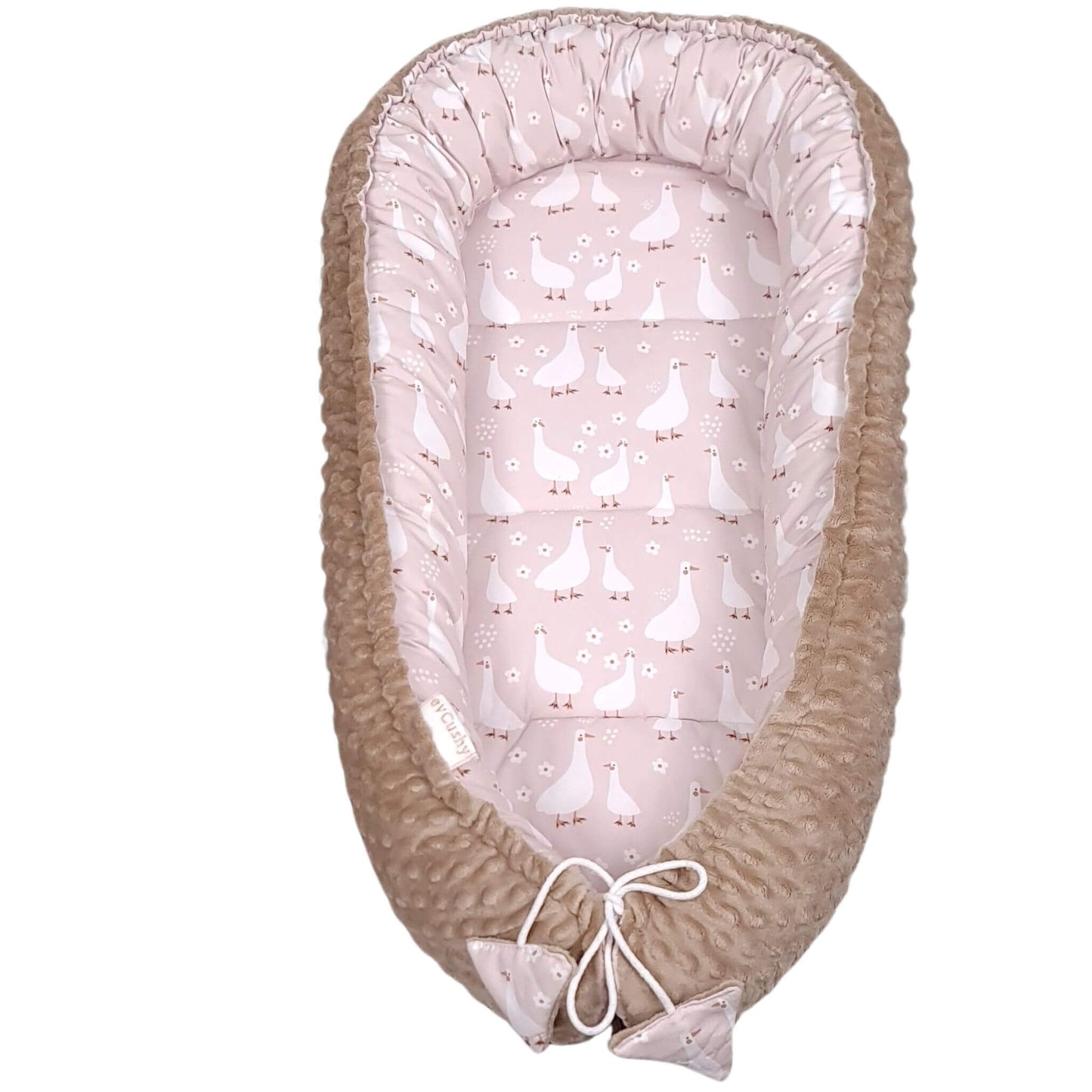 Soft taupe plush reverse side of Evcushy baby nest showing premium handmade newborn baby pod texture