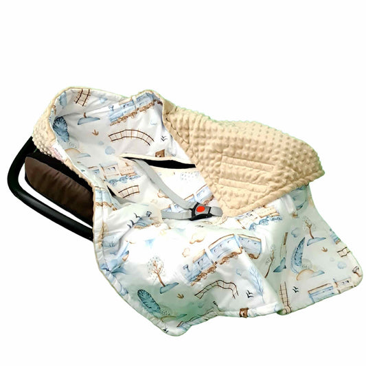 cosy infants car seat blanket from newborn to 12 months beige plush and blue train 3 & 5 points harness compatible fits maxi cosi