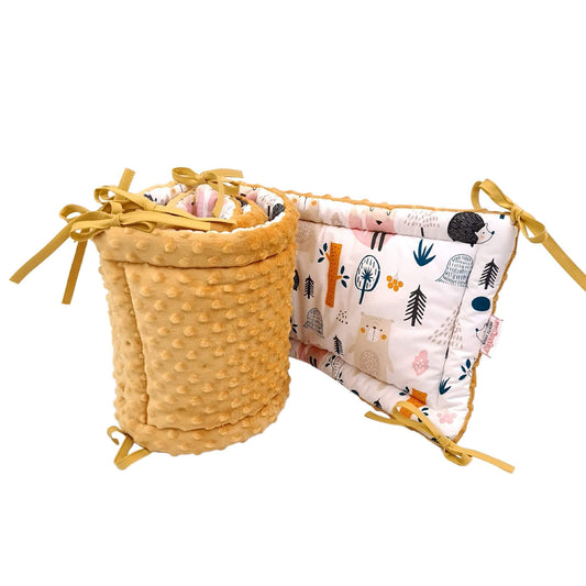 baby cot crib bed bumper padded cosy protector for cot mustard plush and forest animals pattern