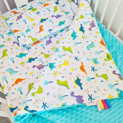 baby cot set pillow and quilt cot bed sheet with dinosaurs pattern aqua blue colour