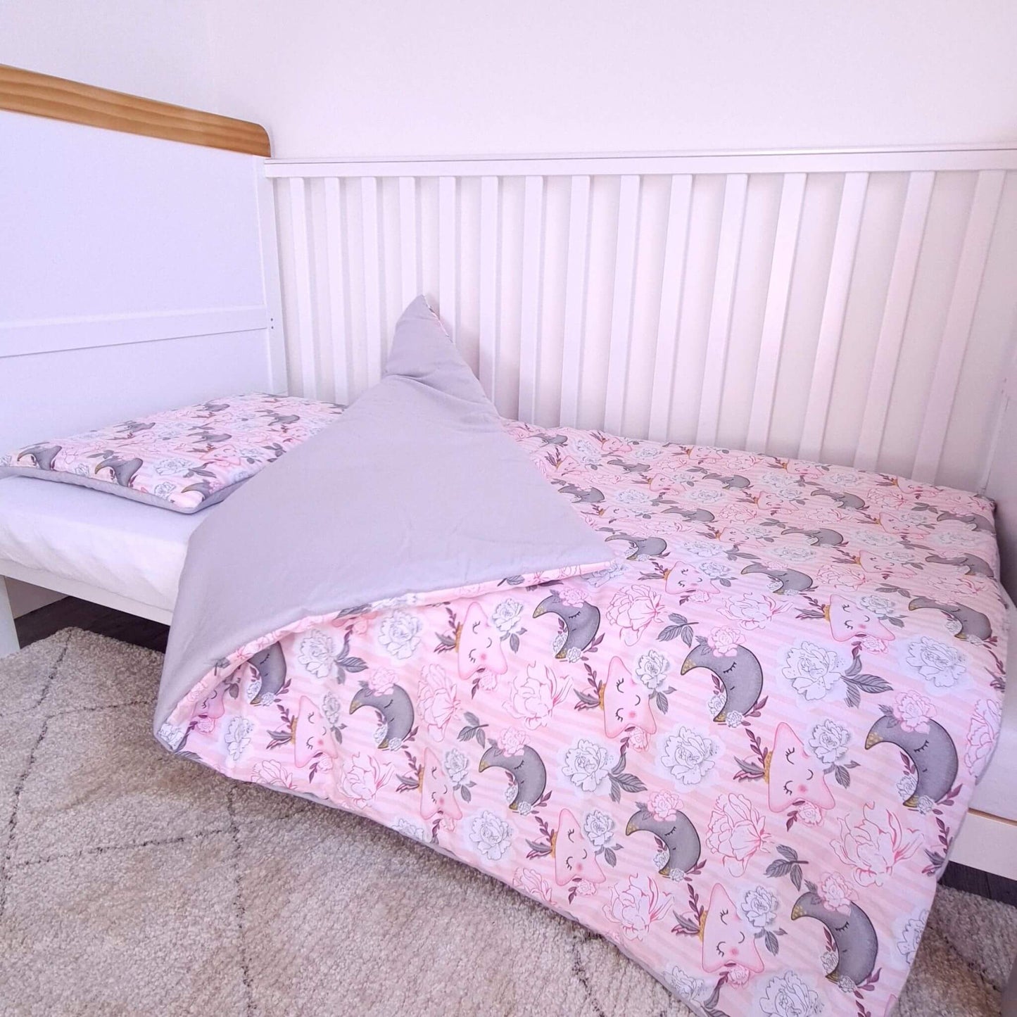 baby girl bedding set pink  grey pattern floral with cute stars 100% cotton