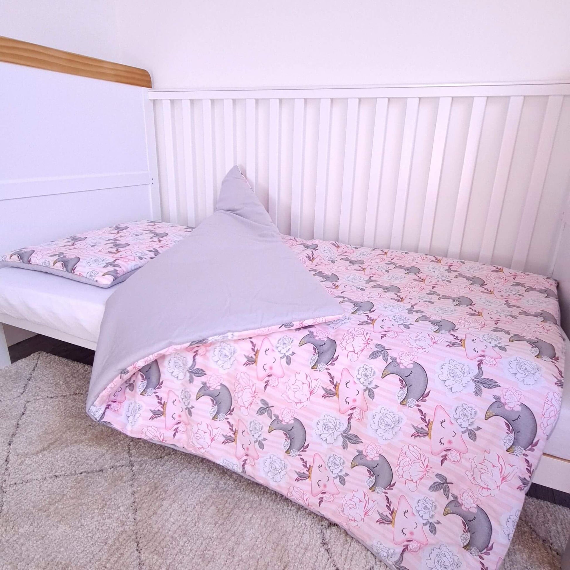 baby girl bedding set pink  grey pattern floral with cute stars 100% cotton