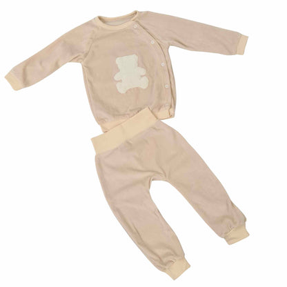 baby tracksuit beige colour soft velour  teddy bear 3d opened on the side with fast snaps comfortable baby clothes