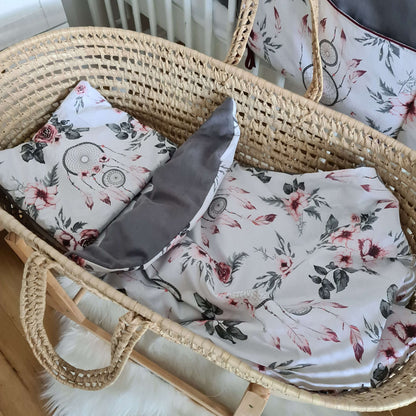 small pillow and quilt for moses basket grey and floral pattern roses