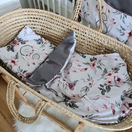 small pillow and quilt for moses basket grey and floral pattern roses
