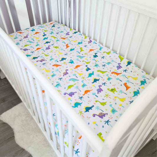 cot bed 70x140 fitted sheet 100% cotton with colourful dinosaurs 