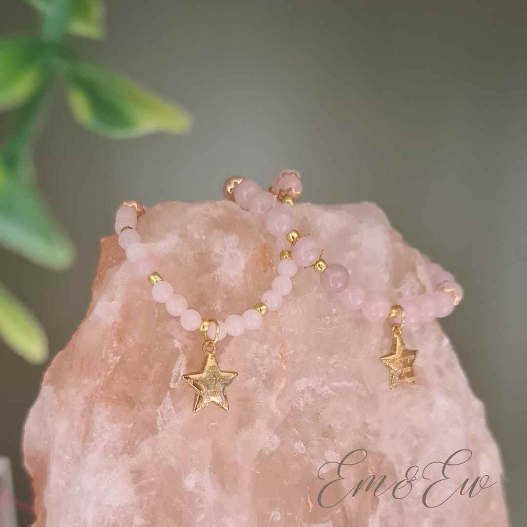 bracelet made of natural stones rose quartz love with star engraved with love you sign