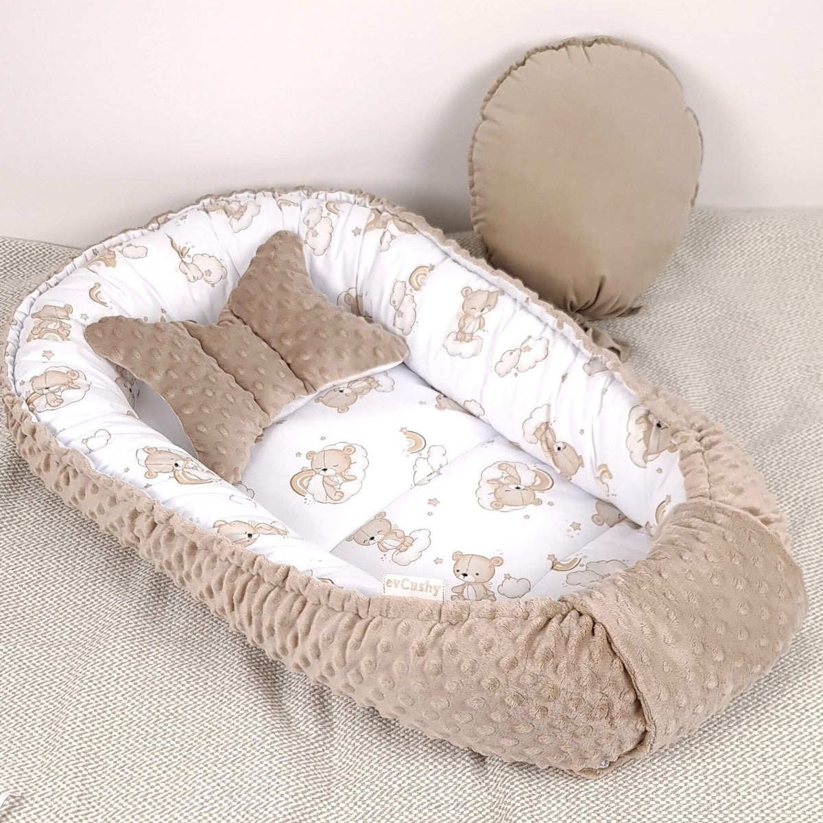Coordinating butterfly pillow from the Evcushy Cloud Nine Bears baby nest set