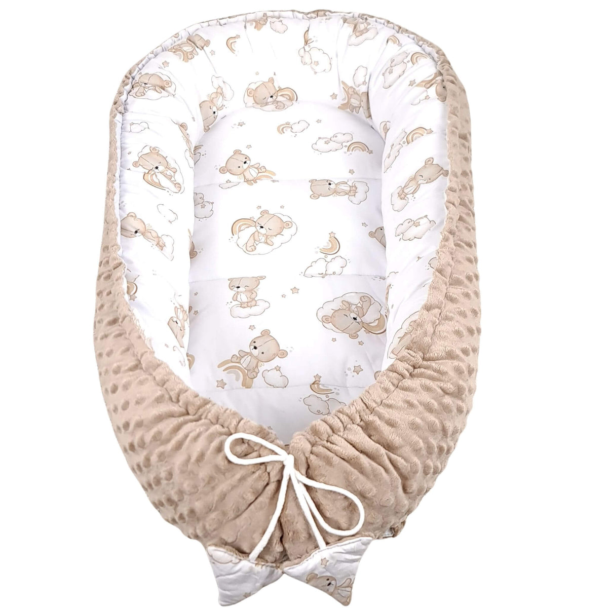 Baby nest with teddy bear and rainbow cotton print and soft taupe dimple minky reverse and a white drawstring bow.